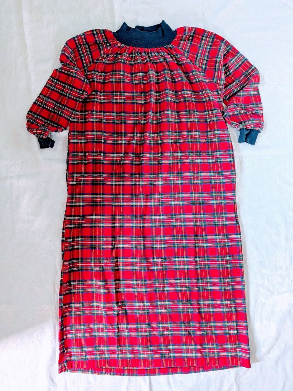 VTG Kittens Tartan Flannel Nightgown Sz Large Mock Neck Cottagecore Grandma USA